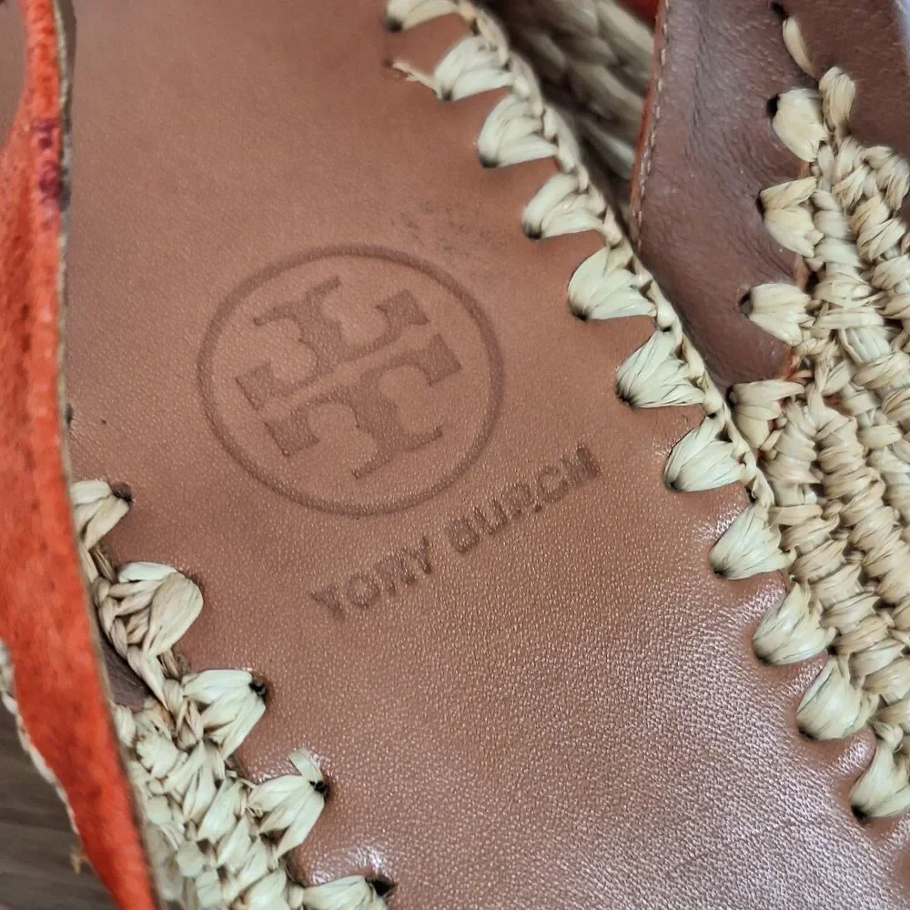 Tory Burch Espadrille Wedge Sandals Women's 9 Orange Jute Leather Platform Heels